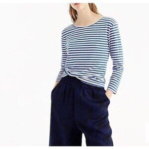 J Crew Top Womens Large Striped Twist Back Long Sleeve Blue Stretch Cotton Knit